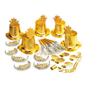 Silvester Deko Partyset / Kopfbedeckung / Tröten Happy New Year 5 Zylinder 5 Diademe 5 Tröten 5 Luftrüssel gold