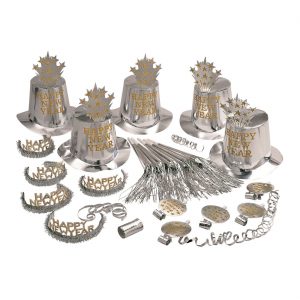 Silvester Deko Partyset / Kopfbedeckung / Tröten Happy New Year 5 Zylinder 5 Diademe 5 Tröten 5 Luftrüssel silber