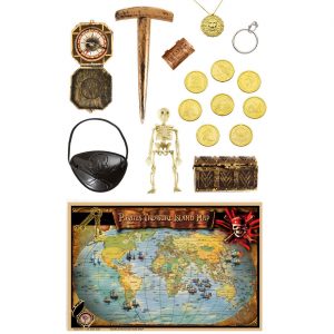 Piraten Deko Accessoire Set mit Schatzkarte Kompass Minitruhe Münzen und viel mehr bunt
