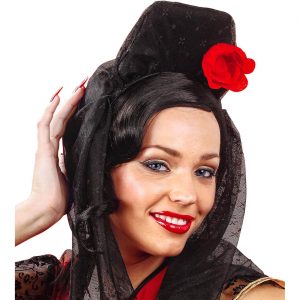 Spanierin / Mexikanerin Haarreif mit Schleier spanische Kopfbedeckung Hut mit Rose schwarz-rot