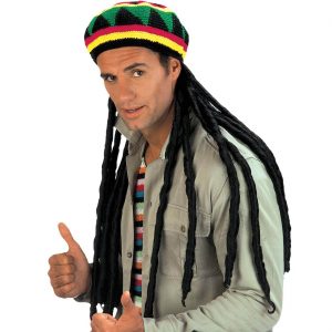 Jamaikaner Mütze mit Haaren Häkelmütze mit Dreadlocks Rastazöpfen Superdeluxe bunt