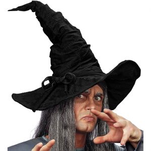 Hexen Zauberer Hexenhut aus Stoff in Wildlederoptik genähte Flicken mit Schleife schwarz