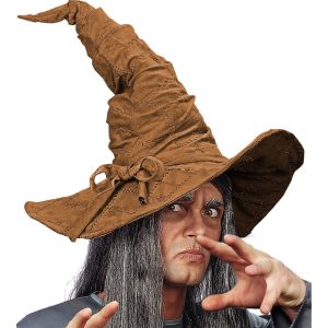Hexen Zauberer Hexenhut aus Stoff in Wildlederoptik genähte Flicken mit Schleife braun