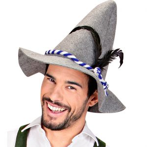 Trachten Hut aus Filz mit Zierkordel und Federn Deluxe grau-blau