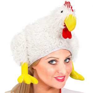 Vogel Hühner Mütze Textilhut Plüsch Huhn sitzt auf dem Kopf und brütet weiß-gelb