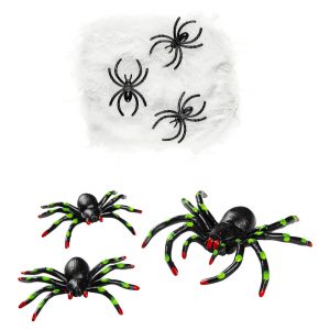 Spinnennetz Deko Spinnenwatte Spinnweben zum Auseinanderziehen 3 kleine 3 große Spinnen schwarz-weiß