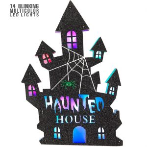 Gruselschloss Deko Wandbild mit LED mit Glitzer und bunten Lichtern 35x24cm HAUMTED HOUSE bunt