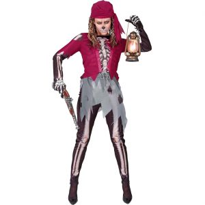 Skelett Piratin Kostüm Kleid kurz mit Leggins Pirate Skeleton dunkelrot-schwarz