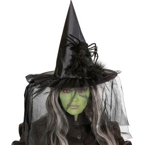 Hexen Zauberer Hexenhut aus Stoff mit Tüllschleier Federn und grosser Spinne schwarz