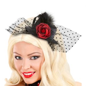 Steampunklady / Edeldame Minihut Zylinder mit Haarclip mit Federn roter Rose und gepunktetem Tüll schwarz