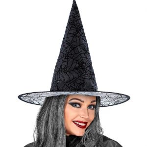 Hexen Zauberer Hexenhut transparenter Stoff mit aufgedrucktem Glitzer Spinnennetz schwarz