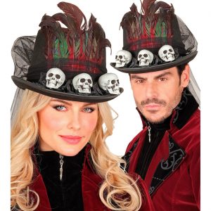 Voodoo Priesterin Zylinderhut mit Federn Schädeln und Tüll Schleier schwarz-dunkelrot