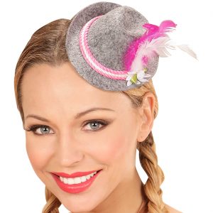 Trachten Minihut mit Haarclip Federn Edelweiß und 3 Zierkordeln grau-pink