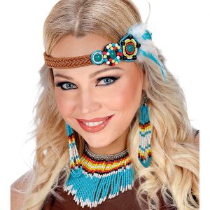 Hippie / Indianer Halskette+Ohrringe+Stirnband Set mit Federn und kleinen Perlen in türkis-braun Lederoptik bunt