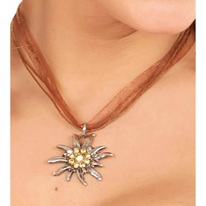 Trachten Halsband mit Anhänger transparentes Band und Bänder in Lederoptik mit Edelweiß braun-silber
