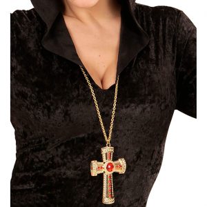 Kreuz Halskette mit Anhänger aus Metall mit Steinen gold-rot