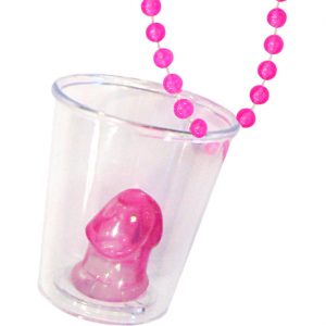 Lustiger Penis JGA Deko Halskette mit Shotglas Schnapsglas Shotbecher aus Kusntstoff klar-pink