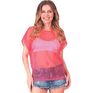 80er 90er Jahre Netzshirt kurzarm T-Shirt Fishnet lang neonpink