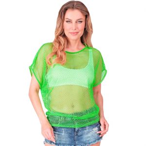 80er 90er Jahre Netzshirt kurzarm T-Shirt Fishnet lang neongrün