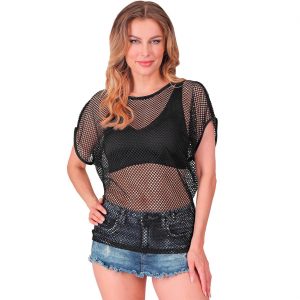 80er 90er Jahre Netzshirt kurzarm T-Shirt Fishnet lang schwarz