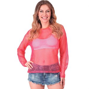 80er 90er Jahre Netzshirt Langarmshirt Fishnet lang neonpink