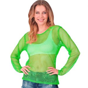 80er 90er Jahre Netzshirt Langarmshirt Fishnet lang neongrün