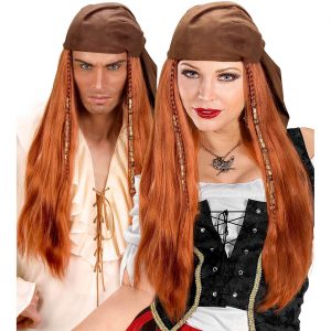 Piraten / Hippie Perücke lang glatt+Kopftuch Langhaarfrisur mit Perlen Zöpfen braunes Bandana braun